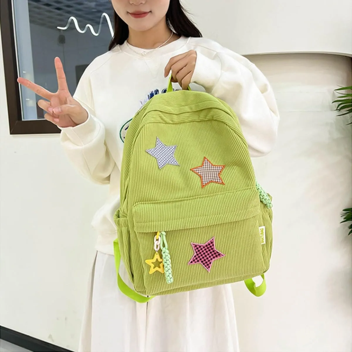 Star Backpack Kawaii Large Capacity Aesthetic Rucksack Cute Accessories Bag for Woman Light-hearted Mori (Green,Large)