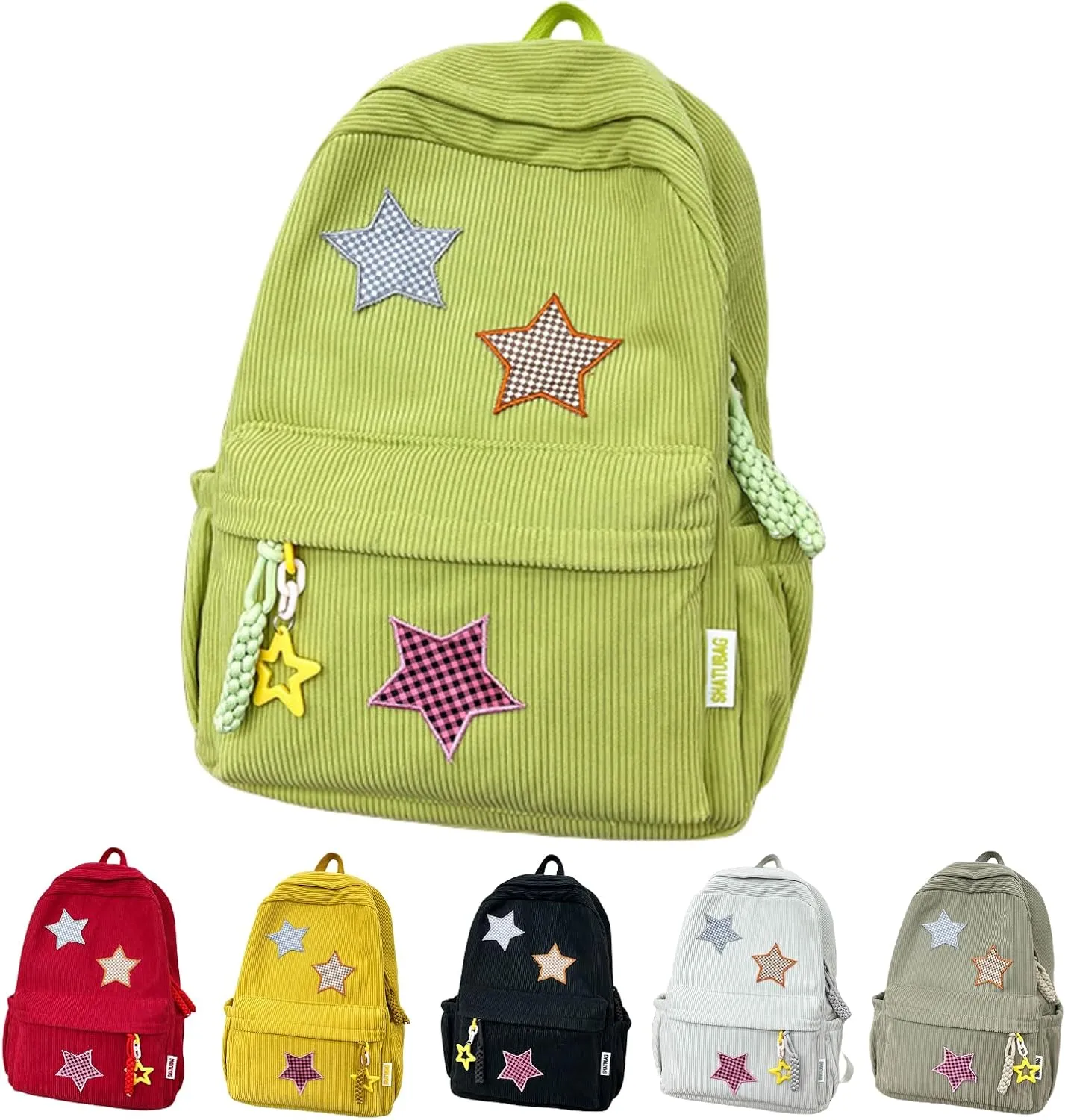 Star Backpack Kawaii Large Capacity Aesthetic Rucksack Cute Accessories Bag for Woman Light-hearted Mori (Green,Large)
