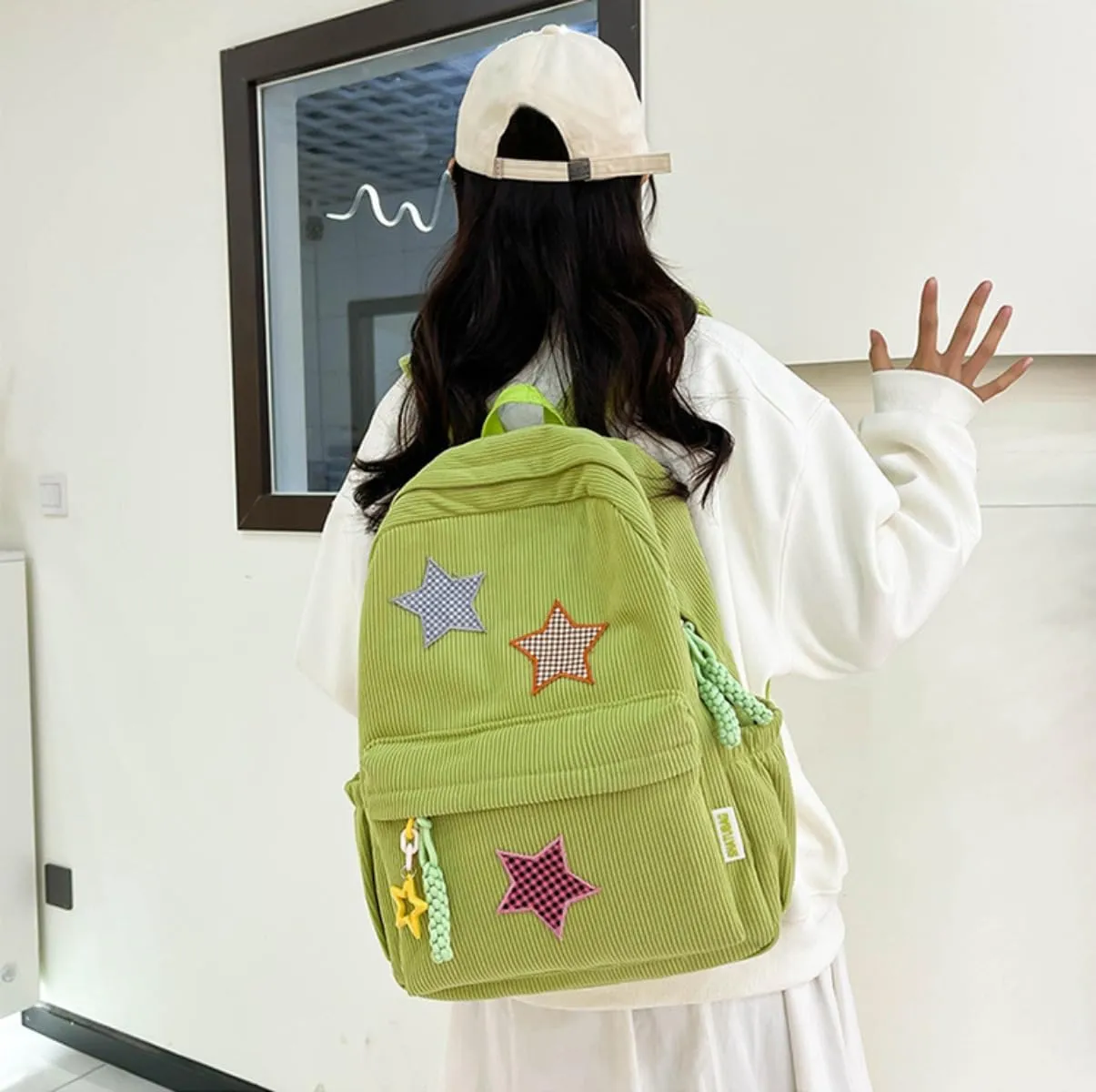 Star Backpack Kawaii Large Capacity Aesthetic Rucksack Cute Accessories Bag for Woman Light-hearted Mori (Green,Large)