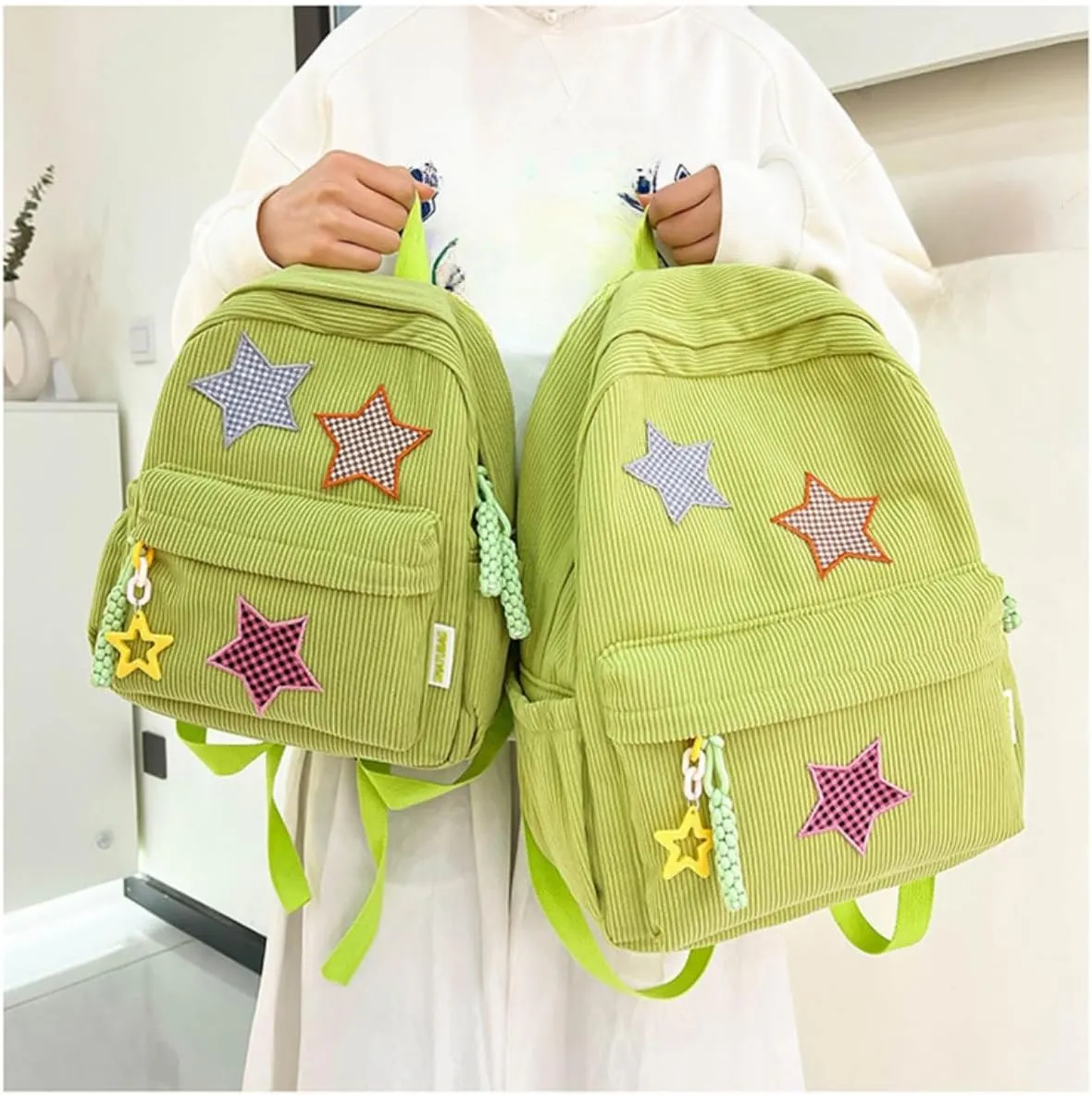 Star Backpack Kawaii Large Capacity Aesthetic Rucksack Cute Accessories Bag for Woman Light-hearted Mori (Green,Large)