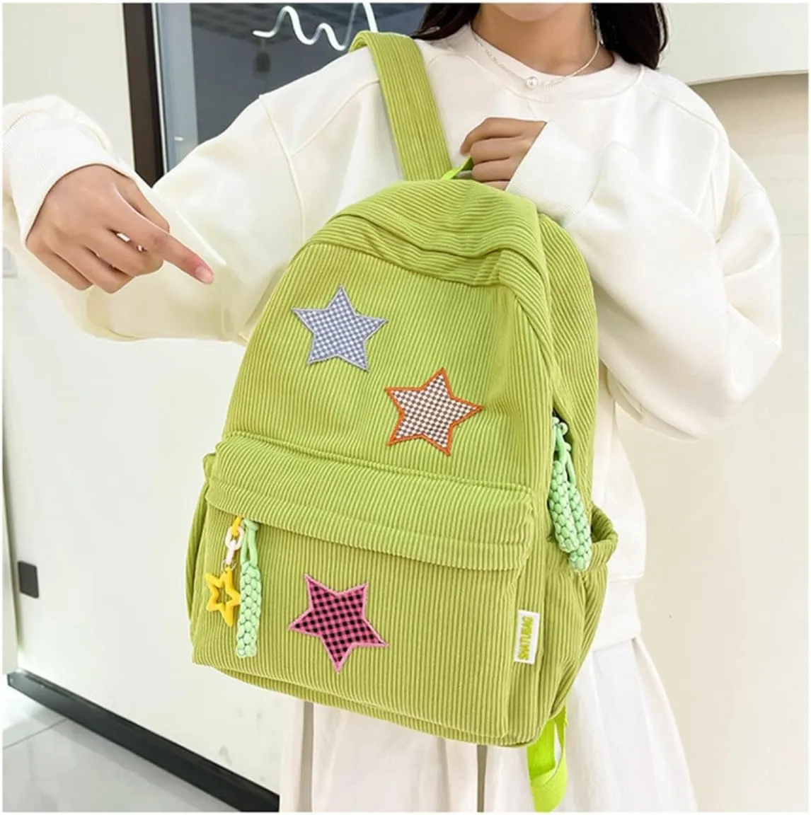Star Backpack Kawaii Large Capacity Aesthetic Rucksack Cute Accessories Bag for Woman Light-hearted Mori (Green,Large)