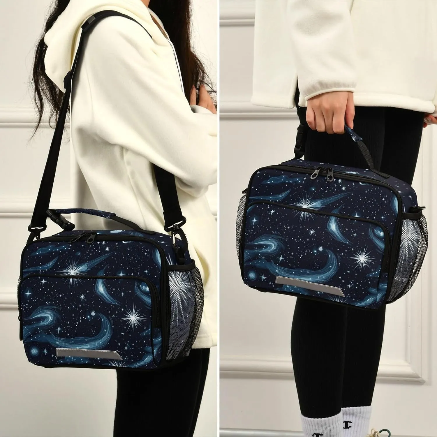 Stars Nebulae and Meteors Night Blue Lunch Bag Lunch Box Organizer Double Insulated Lunch Holder Waterproof and Reusable Meal Bag for Teens Women Men