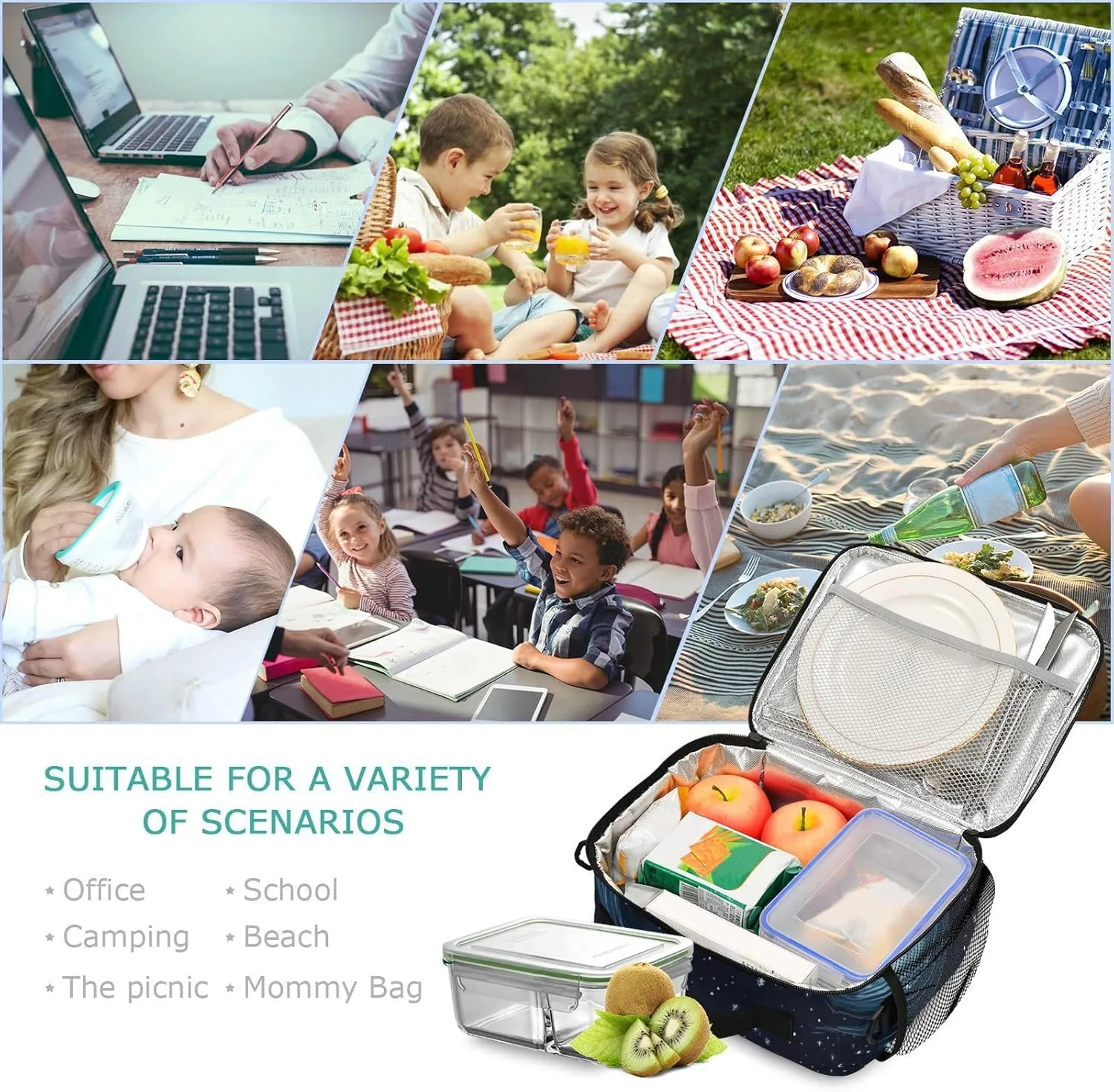 Stars Nebulae and Meteors Night Blue Lunch Bag Lunch Box Organizer Double Insulated Lunch Holder Waterproof and Reusable Meal Bag for Teens Women Men