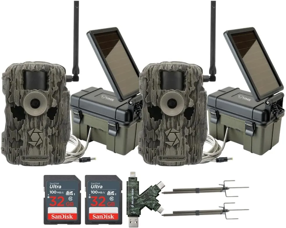Stealth Cam 36MP Fusion Max Cellular Trail Camera (2-Pack) Bundle with Solar Power Pack (2-Pack), Trail Camera Mount Stick (2-Pack), 32GB Memory Card (2-Pack), and USB 2.0 Card Reader (9 Items)