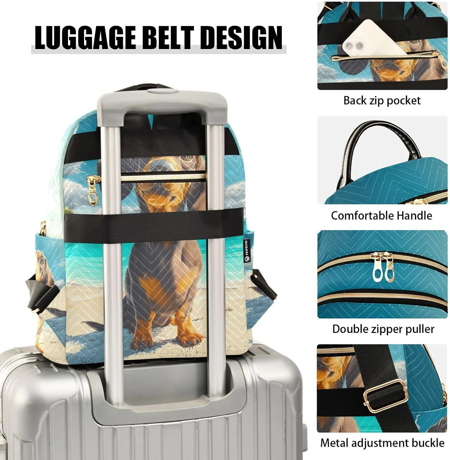 Summer Beach Dachshund Backpack Purse for Women Shoulder Bag Fashion Daypack Ladies Handbag Lightweight Travel Bag Rucksack