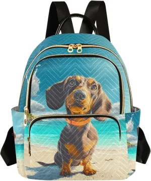 Summer Beach Dachshund Backpack Purse for Women Shoulder Bag Fashion Daypack Ladies Handbag Lightweight Travel Bag Rucksack
