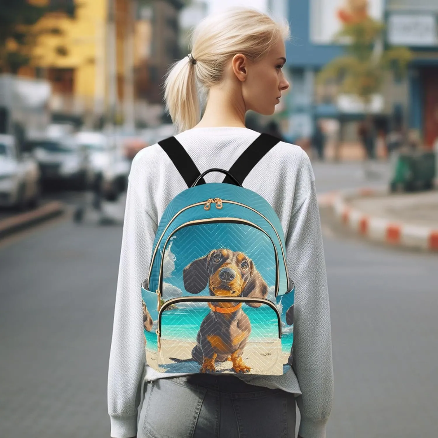 Summer Beach Dachshund Backpack Purse for Women Shoulder Bag Fashion Daypack Ladies Handbag Lightweight Travel Bag Rucksack