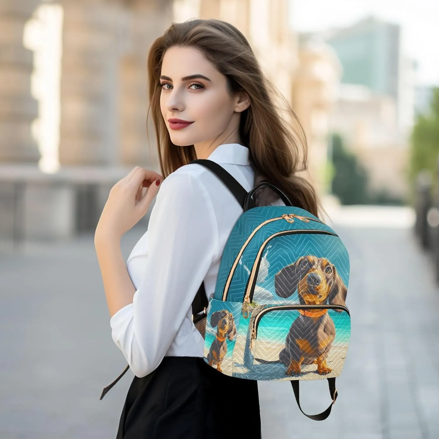 Summer Beach Dachshund Backpack Purse for Women Shoulder Bag Fashion Daypack Ladies Handbag Lightweight Travel Bag Rucksack