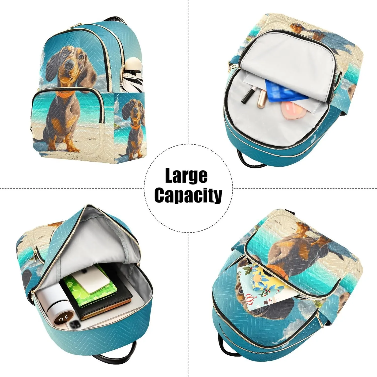 Summer Beach Dachshund Backpack Purse for Women Shoulder Bag Fashion Daypack Ladies Handbag Lightweight Travel Bag Rucksack