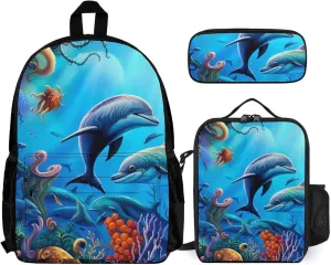 Supdreamc 3 Piece College Daypack, Big Capacity Backpack for Outdoors Running, Colorful Sea Ocean World Dolphin Tropical Fishes Coral Art Travel and Sport Backpack Rucksack for Adults