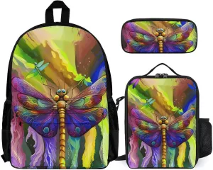 Supdreamc 3 Piece College Daypack, Big Capacity Daypack for Hiking Picnic Running, A Vibrant Dragonfly Colorful World Art Travel and Sport Backpack Rucksack for Men Women