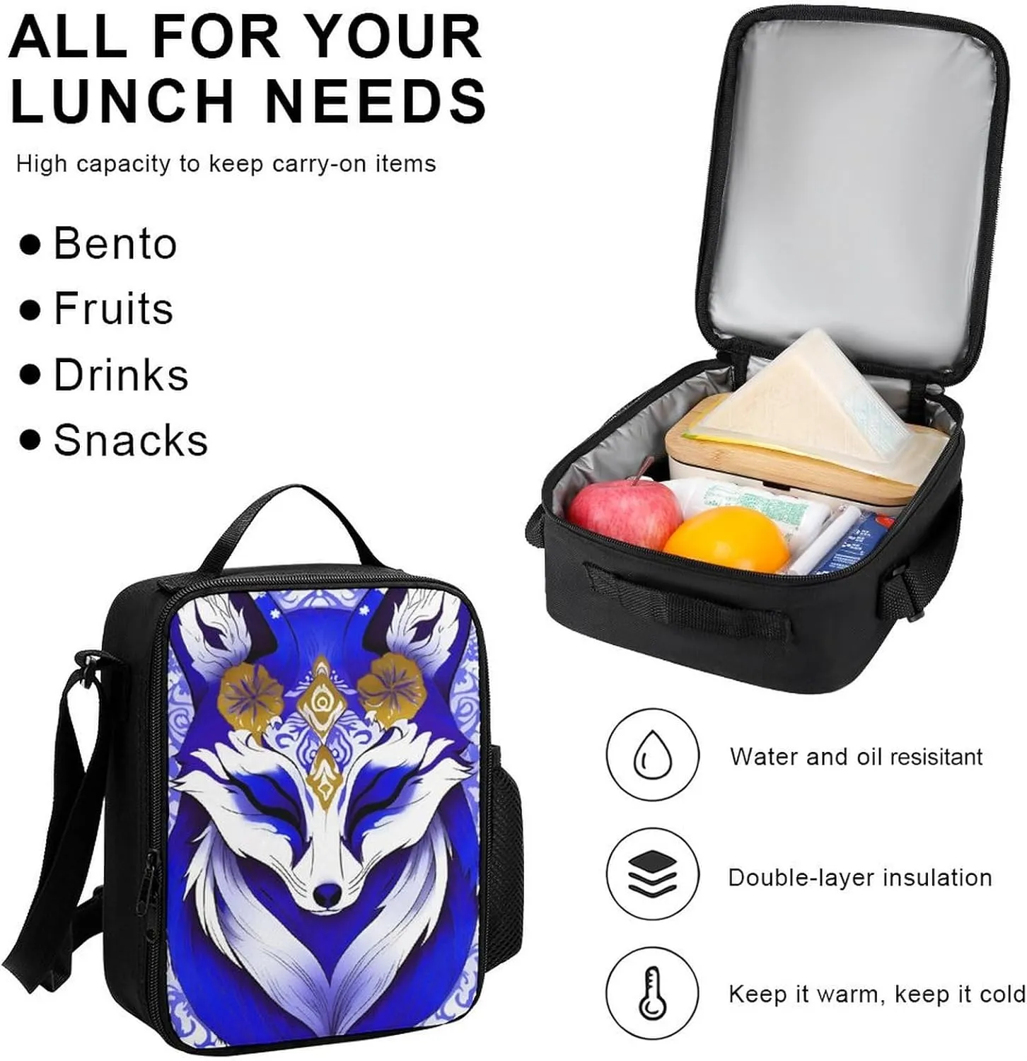 Supdreamc 3 Piece Rucksack Large Capacity Carry On Backpack for Gym Outdoors Bicycle - Blue Fox Kitsune Mask Art, Travel Hiking Daypack   Lunch Bag   Pencil Bag