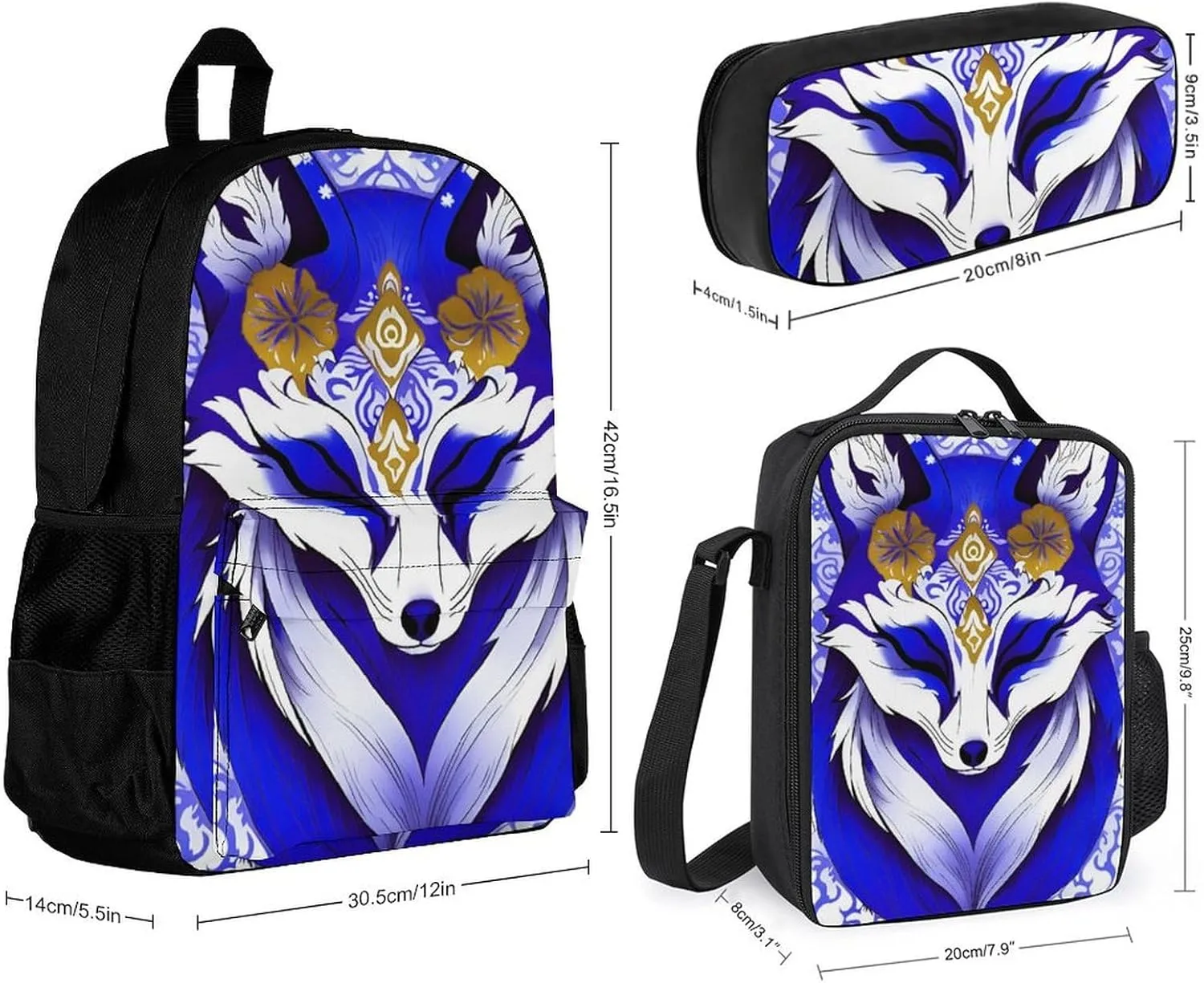 Supdreamc 3 Piece Rucksack Large Capacity Carry On Backpack for Gym Outdoors Bicycle - Blue Fox Kitsune Mask Art, Travel Hiking Daypack   Lunch Bag   Pencil Bag