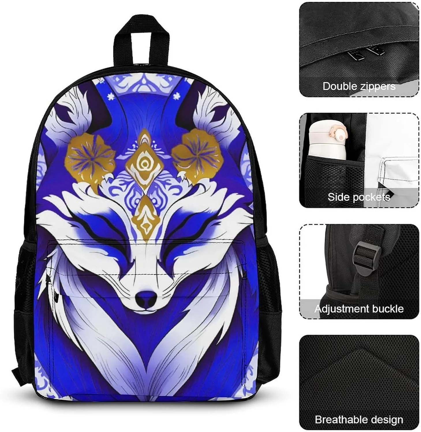 Supdreamc 3 Piece Rucksack Large Capacity Carry On Backpack for Gym Outdoors Bicycle - Blue Fox Kitsune Mask Art, Travel Hiking Daypack   Lunch Bag   Pencil Bag