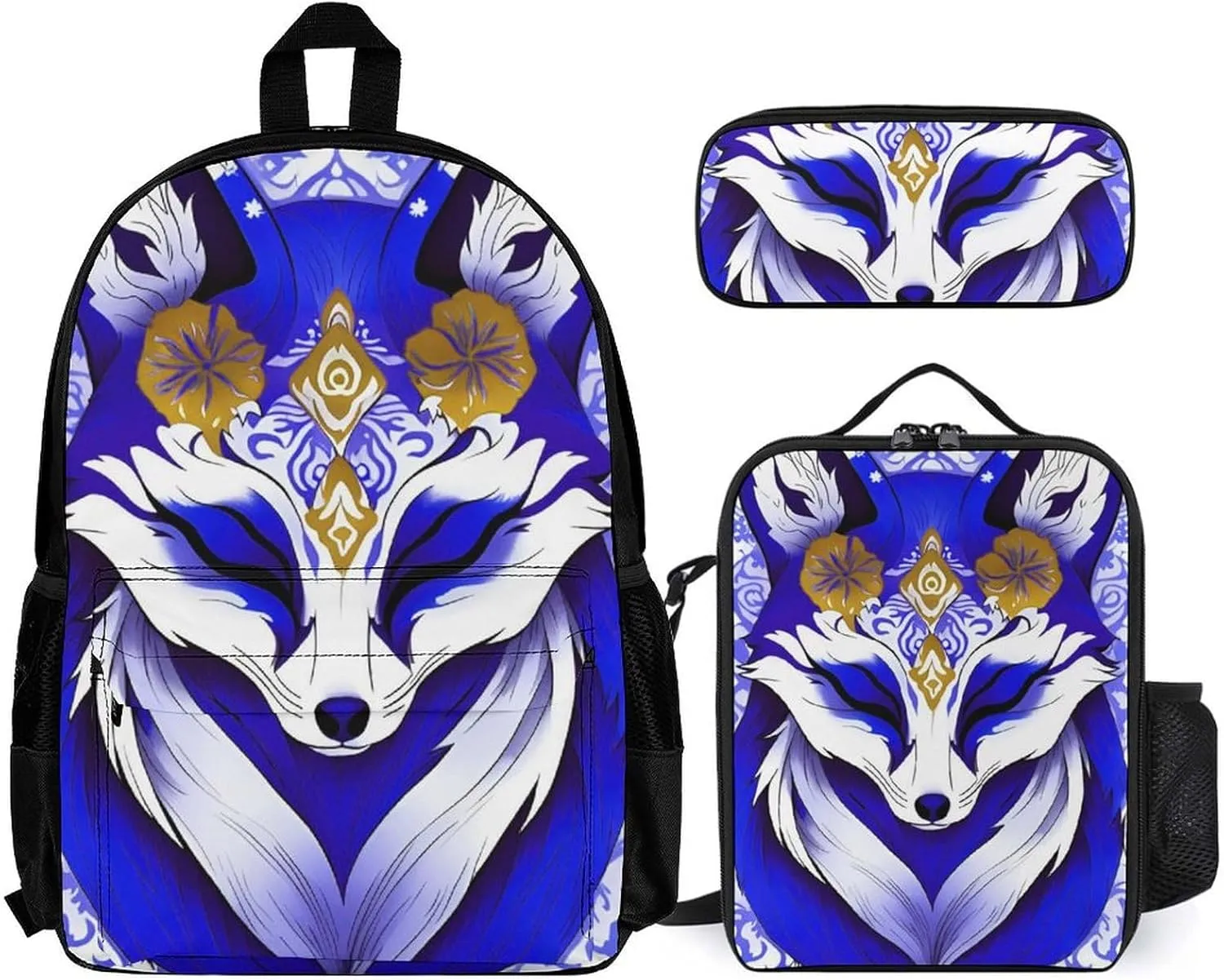 Supdreamc 3 Piece Rucksack Large Capacity Carry On Backpack for Gym Outdoors Bicycle - Blue Fox Kitsune Mask Art, Travel Hiking Daypack   Lunch Bag   Pencil Bag