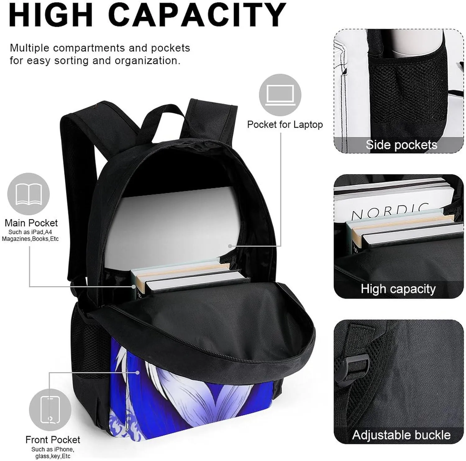 Supdreamc 3 Piece Rucksack Large Capacity Carry On Backpack for Gym Outdoors Bicycle - Blue Fox Kitsune Mask Art, Travel Hiking Daypack   Lunch Bag   Pencil Bag