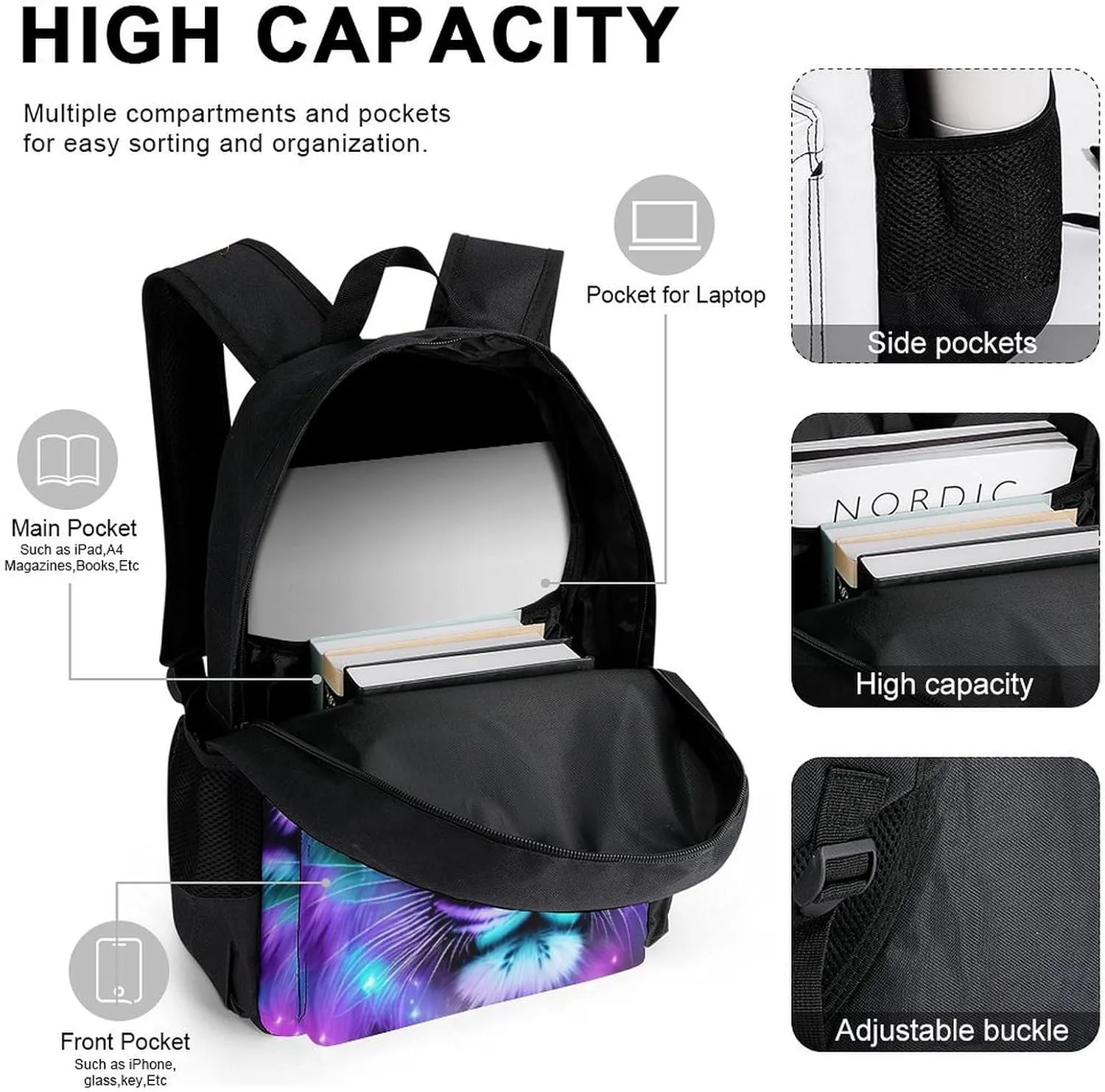 Supdreamc 3 Piece Rucksack Large Capacity Carry On Bag Backpack for Gym Outdoors Bicycle - Mystic Fantasy Galaxy Sky Fantasy Tiger Wild Animals Boho Style, Travel Hiking Daypack