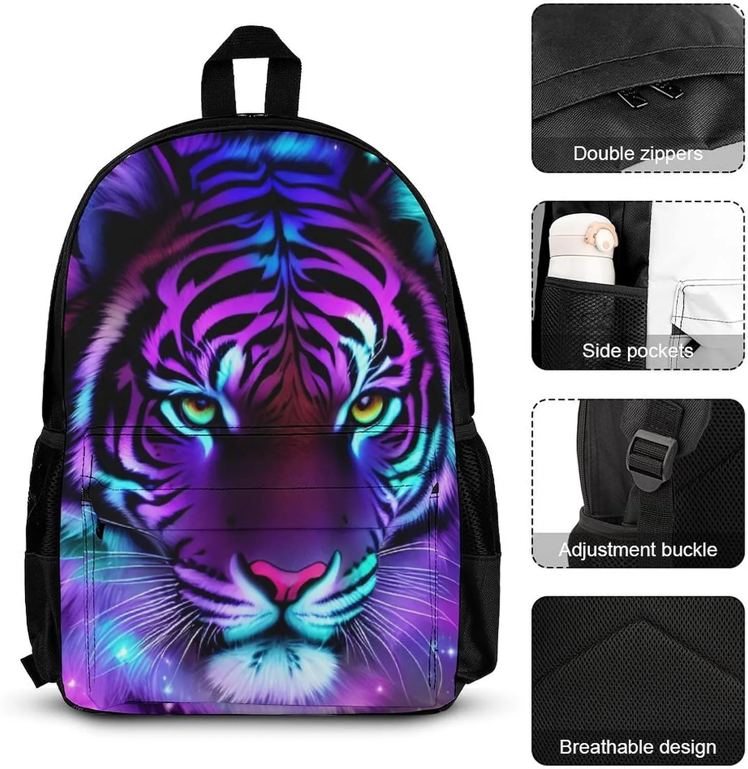 Supdreamc 3 Piece Rucksack Large Capacity Carry On Bag Backpack for Gym Outdoors Bicycle - Mystic Fantasy Galaxy Sky Fantasy Tiger Wild Animals Boho Style, Travel Hiking Daypack