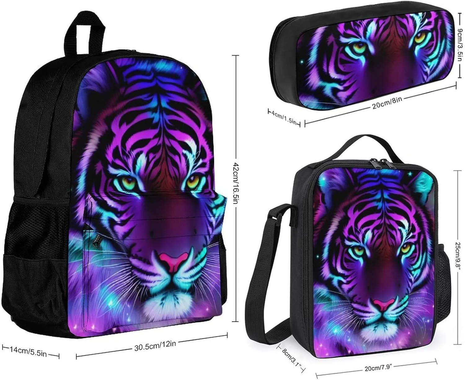 Supdreamc 3 Piece Rucksack Large Capacity Carry On Bag Backpack for Gym Outdoors Bicycle - Mystic Fantasy Galaxy Sky Fantasy Tiger Wild Animals Boho Style, Travel Hiking Daypack