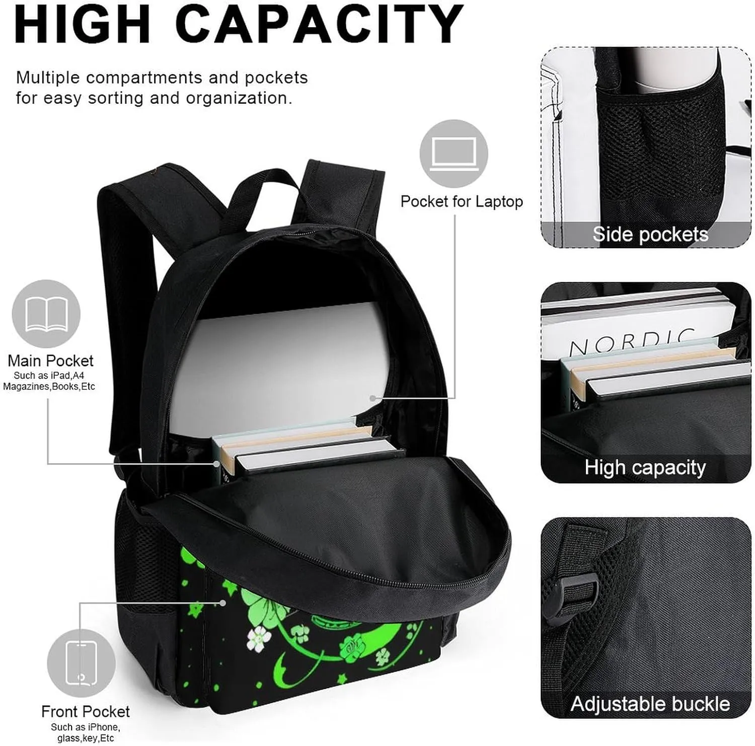 Supdreamc Adults Daypack - Japanese Kitsune Fox Magical Flowers Art Shoulder Bag 3 Piece College Travel Hiking & Camping Rucksack, 3 Piece Daypack Business Bag