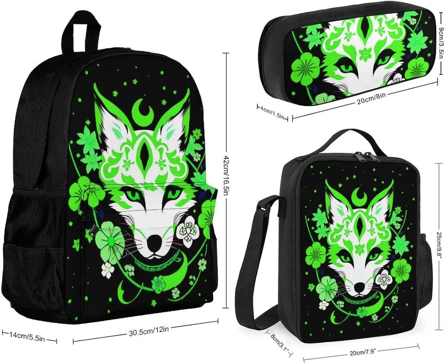 Supdreamc Adults Daypack - Japanese Kitsune Fox Magical Flowers Art Shoulder Bag 3 Piece College Travel Hiking & Camping Rucksack, 3 Piece Daypack Business Bag