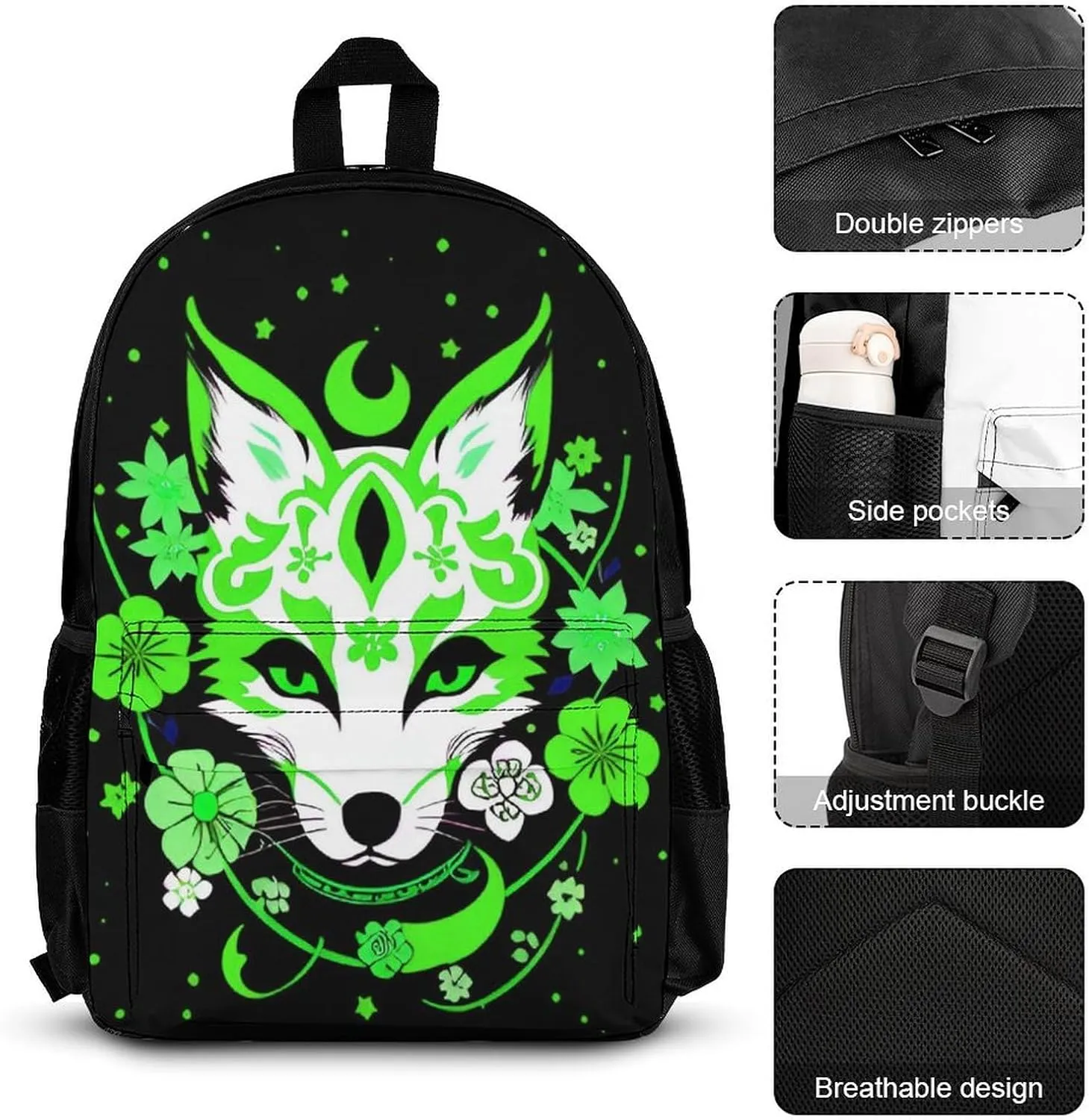 Supdreamc Adults Daypack - Japanese Kitsune Fox Magical Flowers Art Shoulder Bag 3 Piece College Travel Hiking & Camping Rucksack, 3 Piece Daypack Business Bag