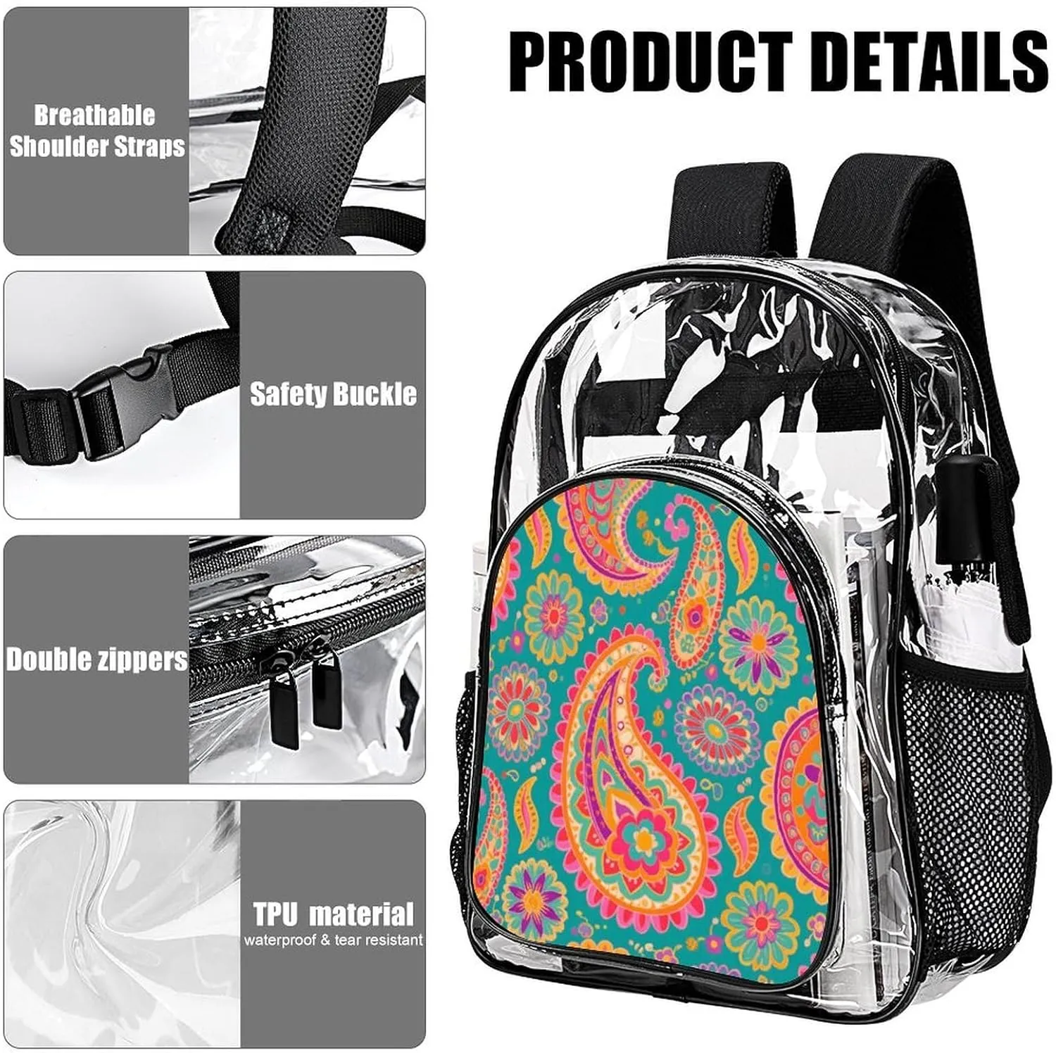Supdreamc Colorful Flowers Leaves Paisley Art Rucksack Transparent Anti-Theft Multipurpose Bookbag Big Capacity Travel and Sport Backpack Rucksack With Side Pockets