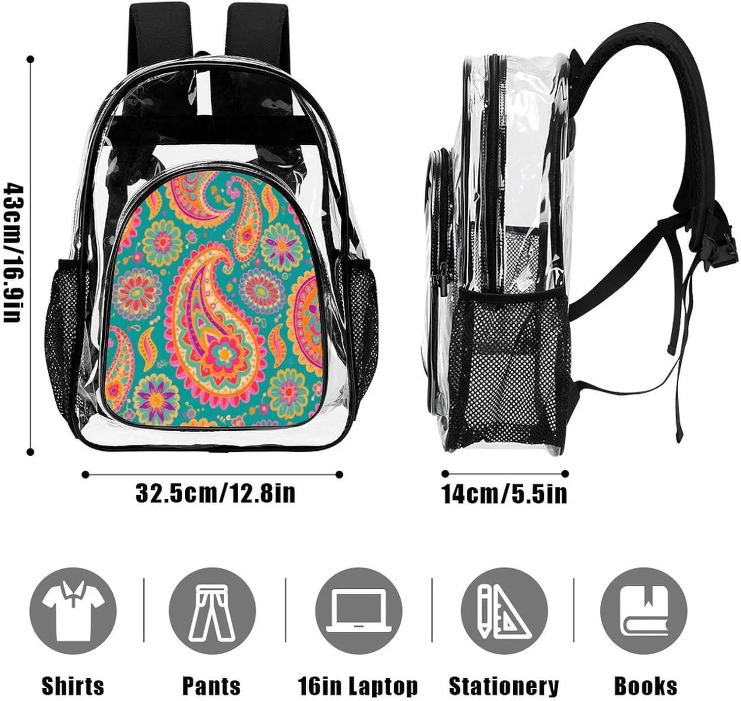 Supdreamc Colorful Flowers Leaves Paisley Art Rucksack Transparent Anti-Theft Multipurpose Bookbag Big Capacity Travel and Sport Backpack Rucksack With Side Pockets