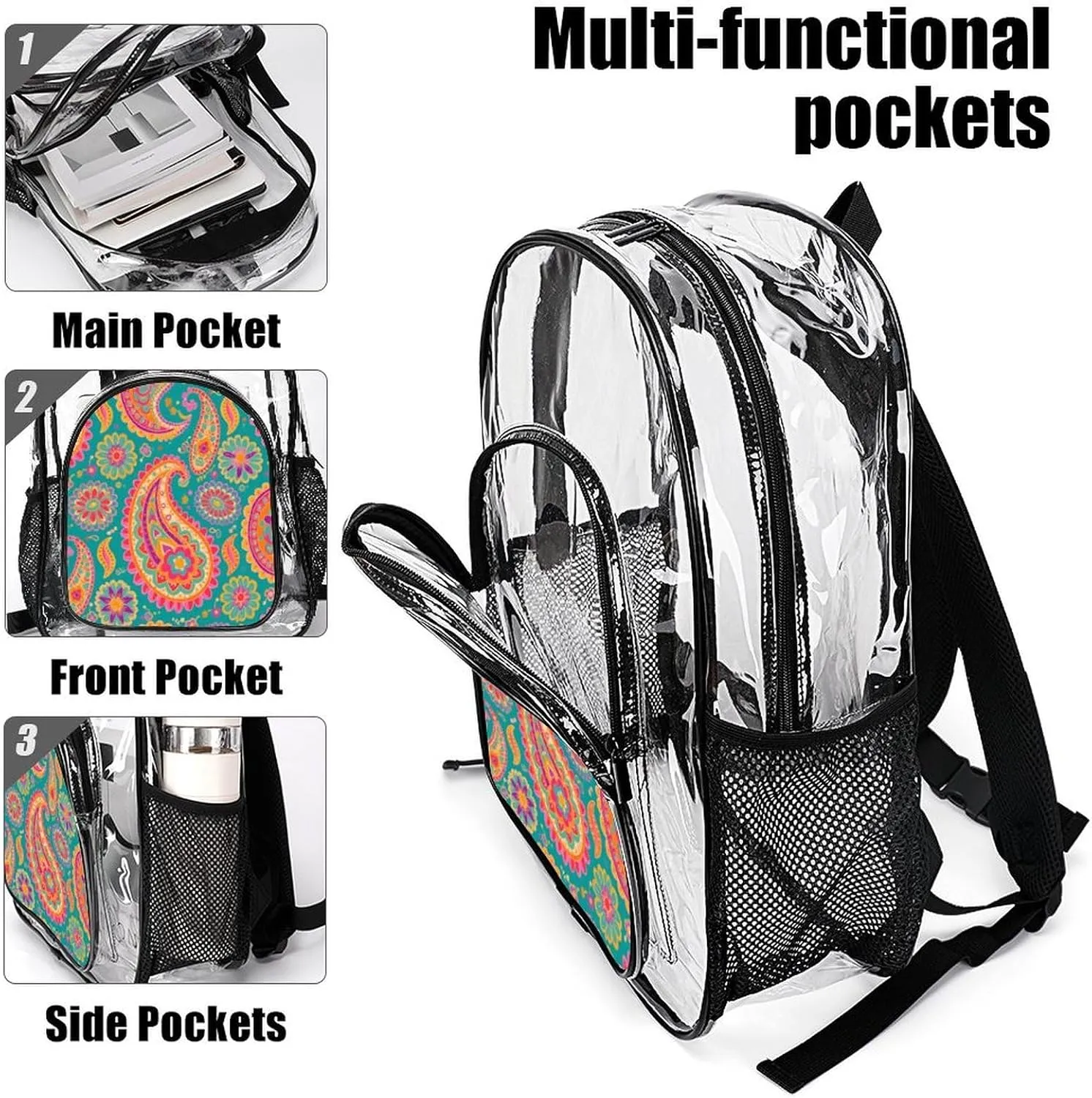 Supdreamc Colorful Flowers Leaves Paisley Art Rucksack Transparent Anti-Theft Multipurpose Bookbag Big Capacity Travel and Sport Backpack Rucksack With Side Pockets