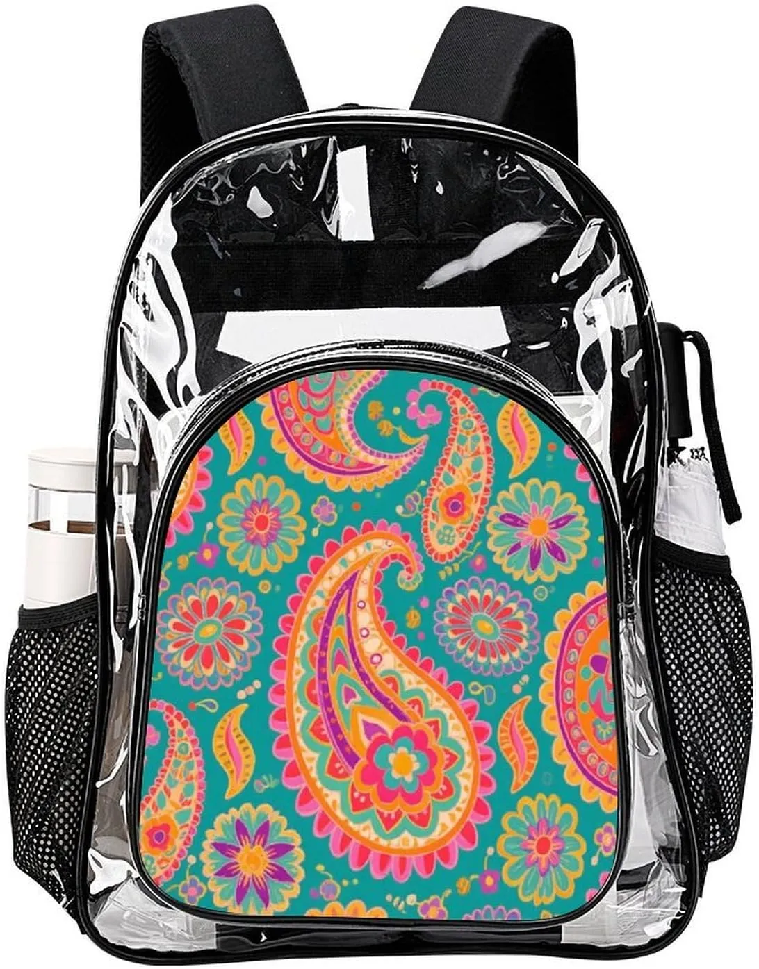 Supdreamc Colorful Flowers Leaves Paisley Art Rucksack Transparent Anti-Theft Multipurpose Bookbag Big Capacity Travel and Sport Backpack Rucksack With Side Pockets