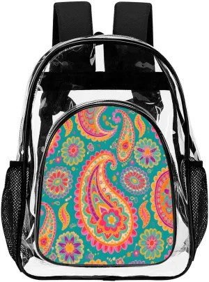 Supdreamc Colorful Flowers Leaves Paisley Art Rucksack Transparent Anti-Theft Multipurpose Bookbag Big Capacity Travel and Sport Backpack Rucksack With Side Pockets