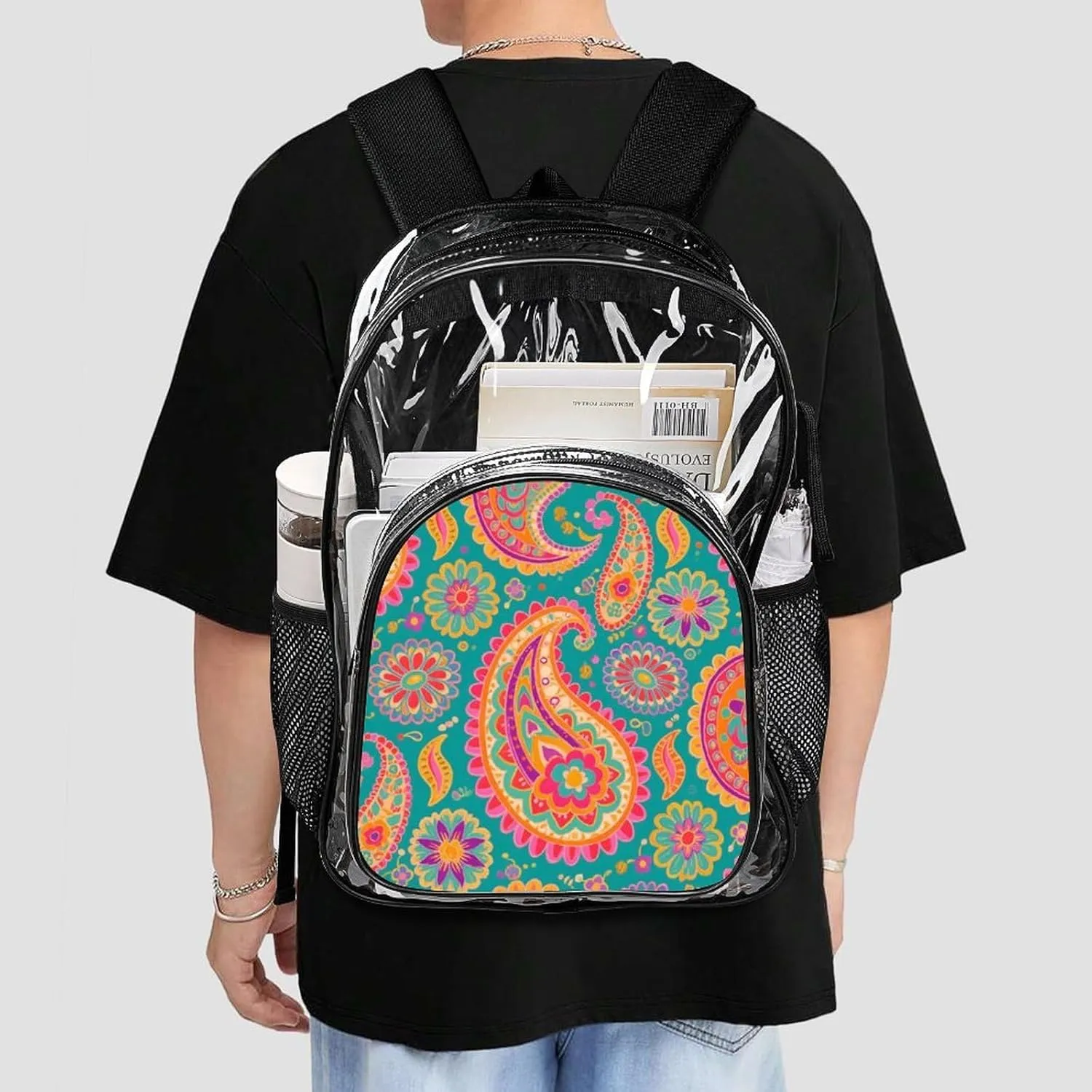 Supdreamc Colorful Flowers Leaves Paisley Art Rucksack Transparent Anti-Theft Multipurpose Bookbag Big Capacity Travel and Sport Backpack Rucksack With Side Pockets
