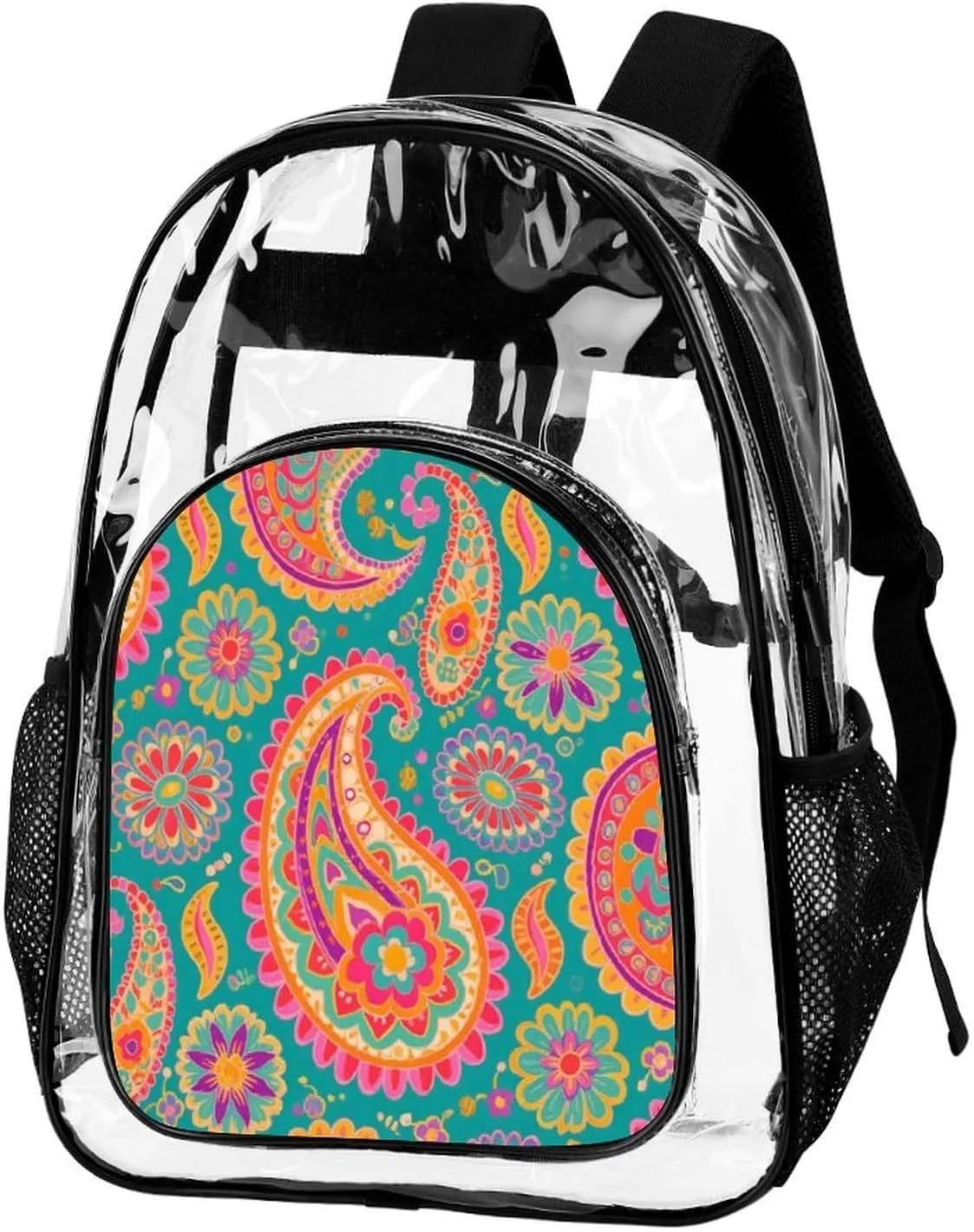 Supdreamc Colorful Flowers Leaves Paisley Art Rucksack Transparent Anti-Theft Multipurpose Bookbag Big Capacity Travel and Sport Backpack Rucksack With Side Pockets