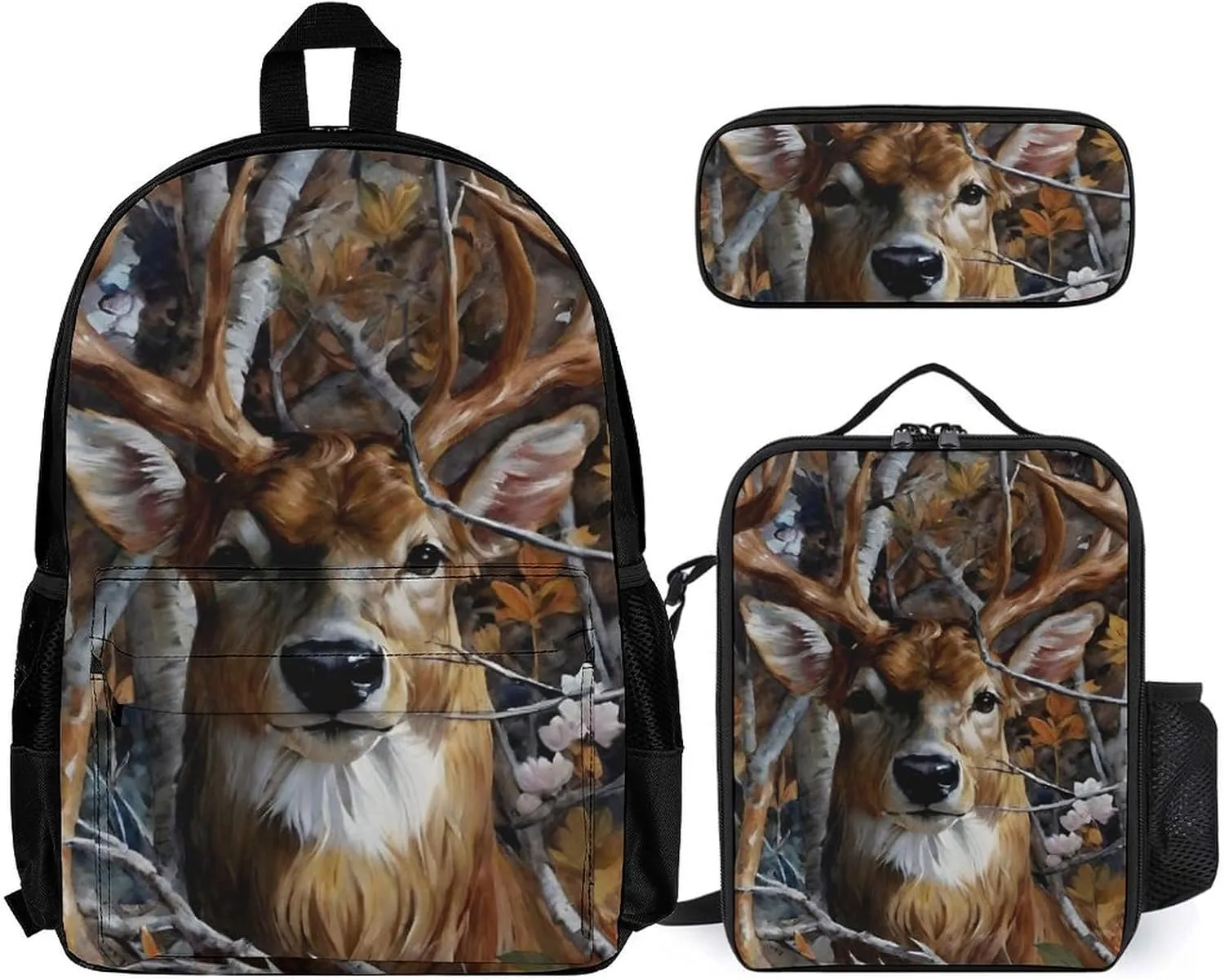 Supdreamc Daypack Backpack Sets, Rucksack   Lunch Bag   Pencil Case for Camping Picnic Bicycle, Camo Elk Deer Withered Branches Camping Outdoor Backpack, One Size