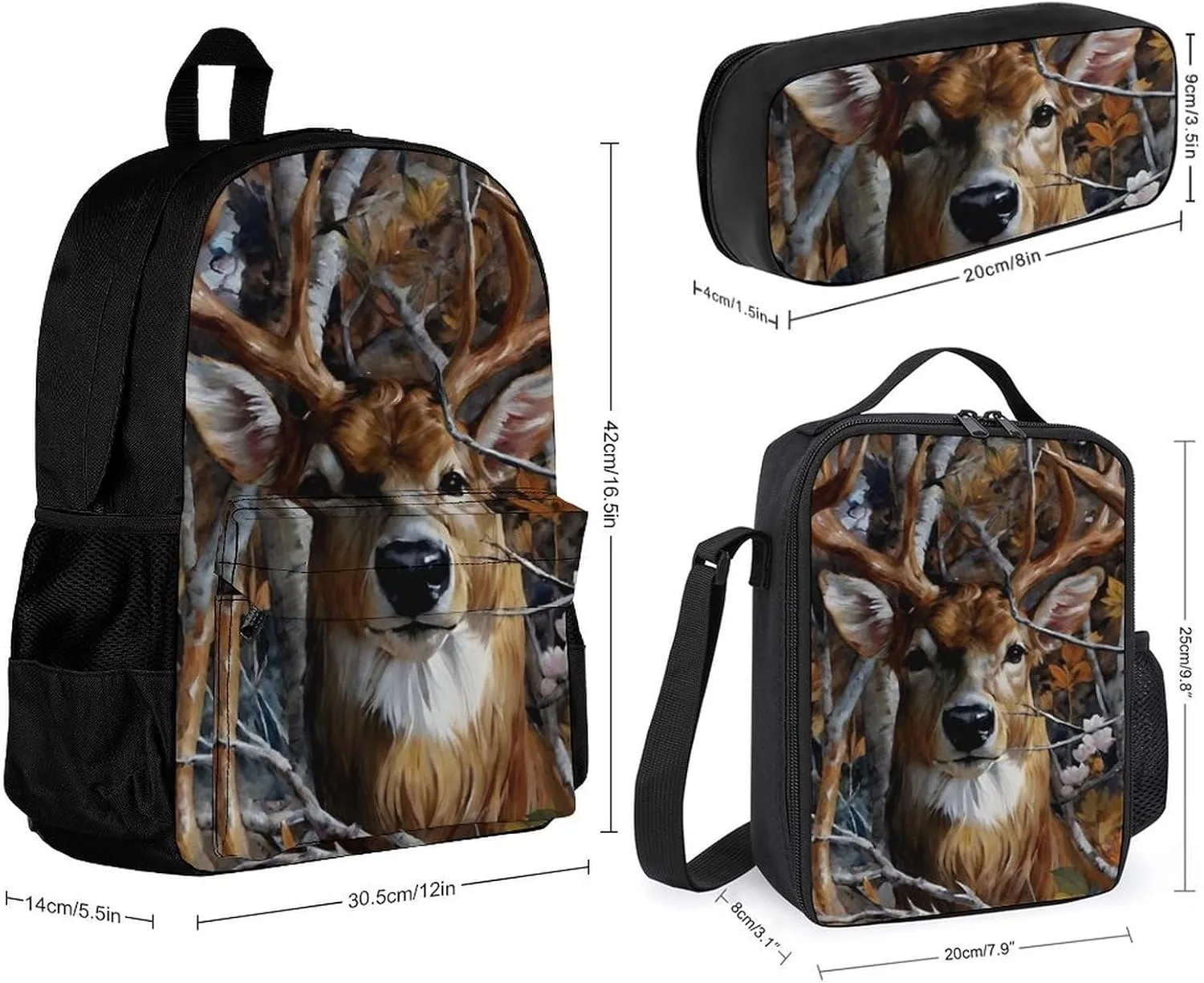 Supdreamc Daypack Backpack Sets, Rucksack   Lunch Bag   Pencil Case for Camping Picnic Bicycle, Camo Elk Deer Withered Branches Camping Outdoor Backpack, One Size