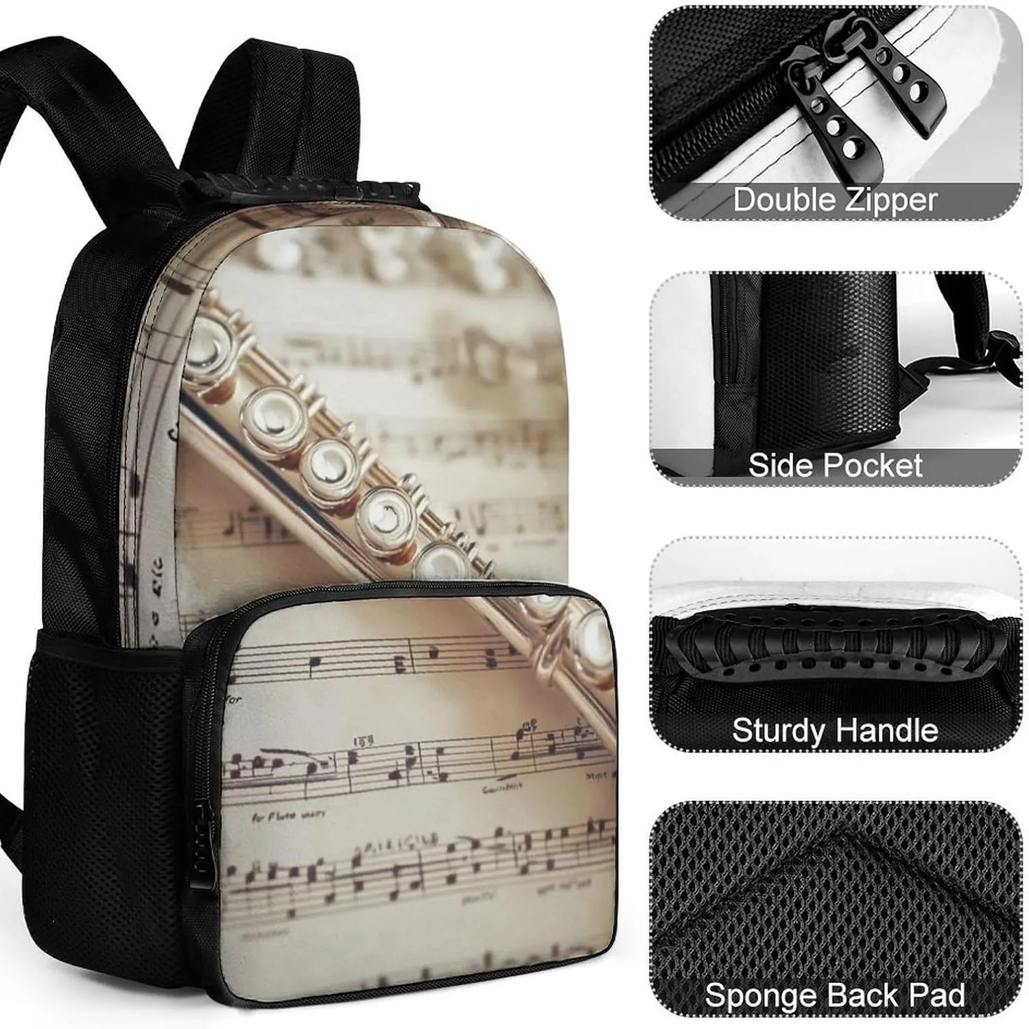 Supdreamc Flute Music Rucksack Polyester Anti-Theft Multipurpose Bookbag Big Capacity Travel and Sport Backpack Rucksack With Side Pockets