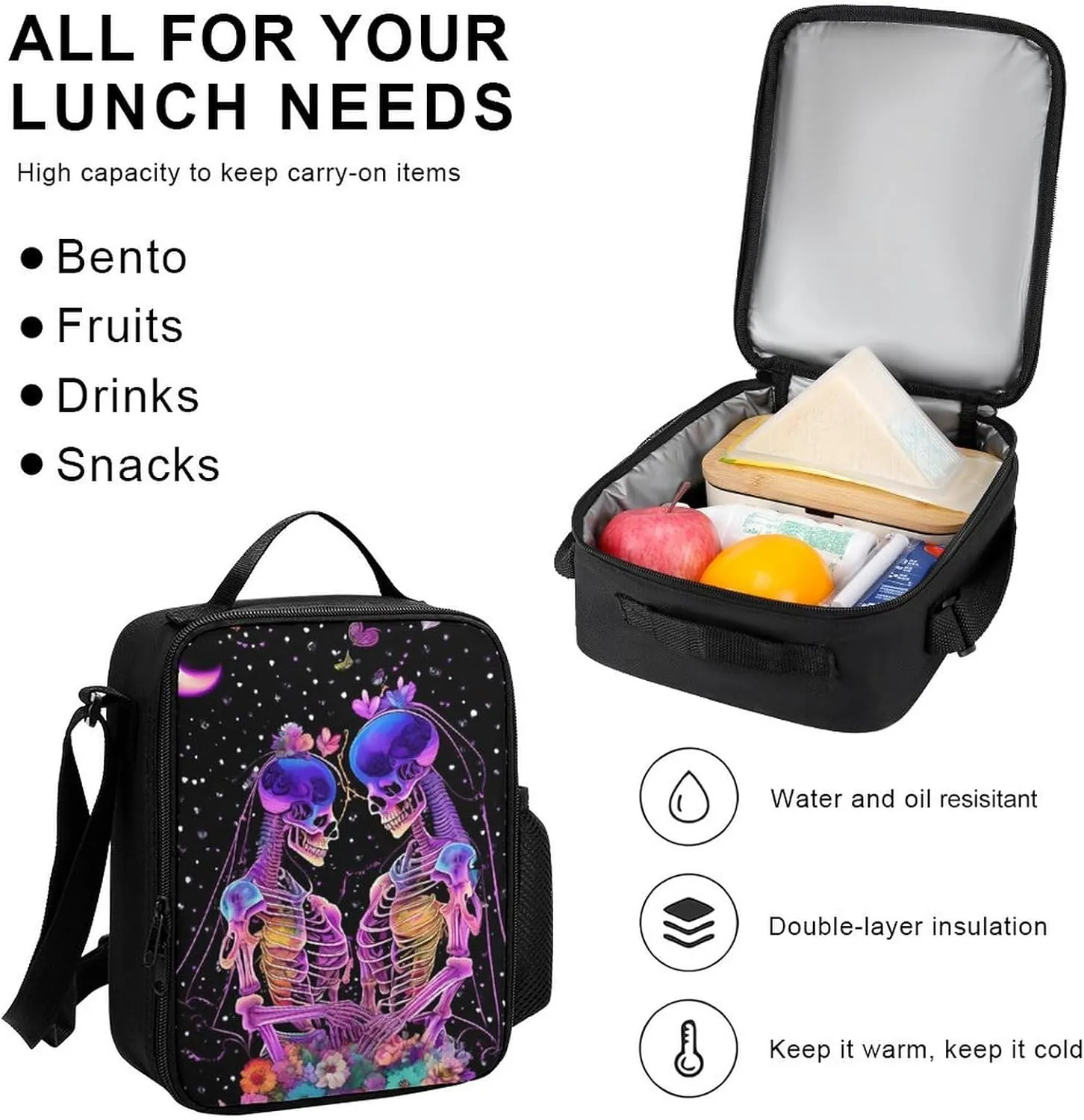 Supdreamc Shoulder Book Bags Sets, Rucksack   Lunch Bag   Pencil Case for Hiking Travel Cycling, Psychedelic Skull Love Kiss Art Camping Outdoor Backpack for Adults