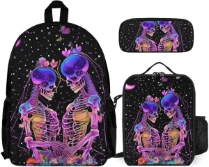 Supdreamc Shoulder Book Bags Sets, Rucksack   Lunch Bag   Pencil Case for Hiking Travel Cycling, Psychedelic Skull Love Kiss Art Camping Outdoor Backpack for Adults