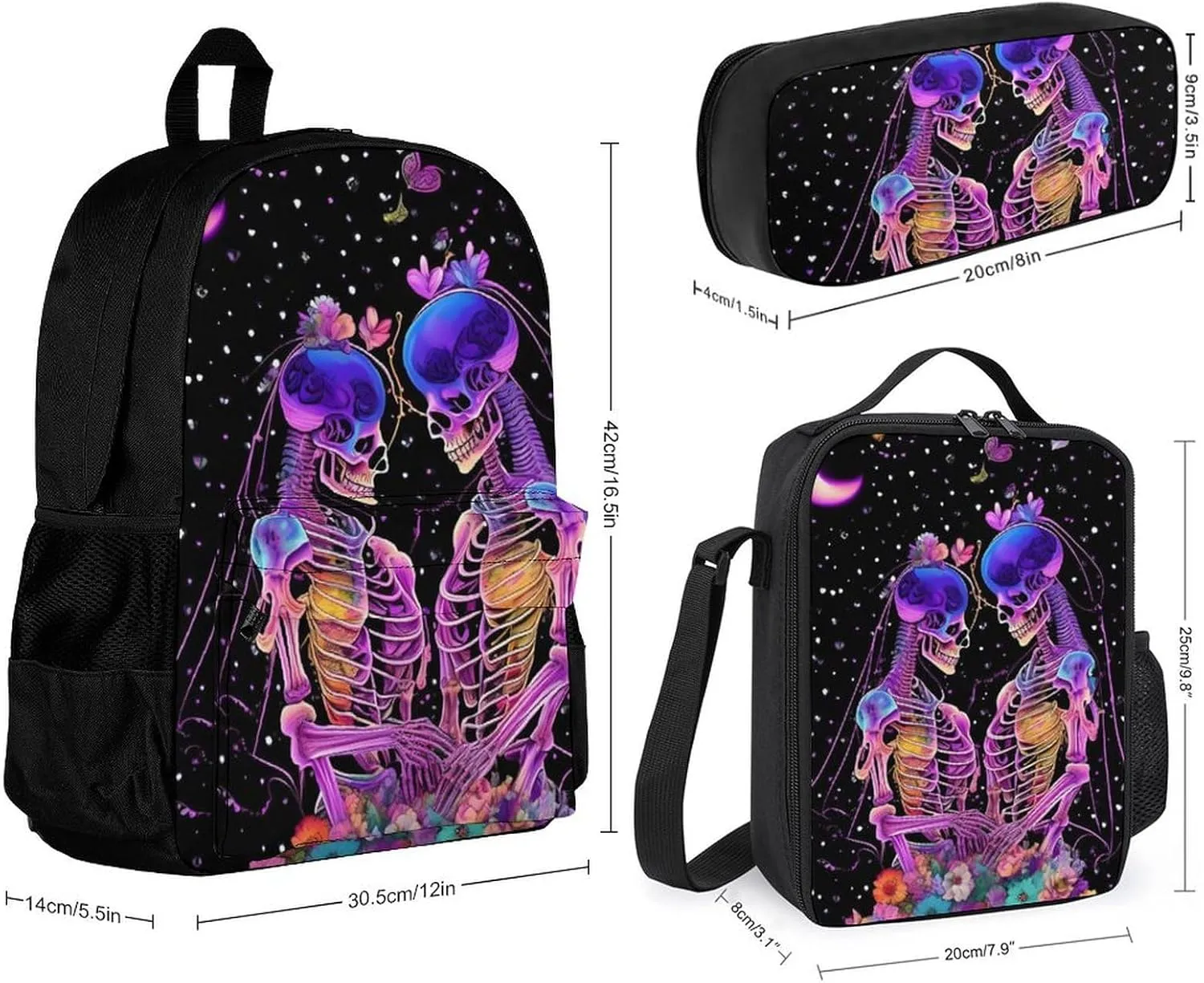 Supdreamc Shoulder Book Bags Sets, Rucksack   Lunch Bag   Pencil Case for Hiking Travel Cycling, Psychedelic Skull Love Kiss Art Camping Outdoor Backpack for Adults