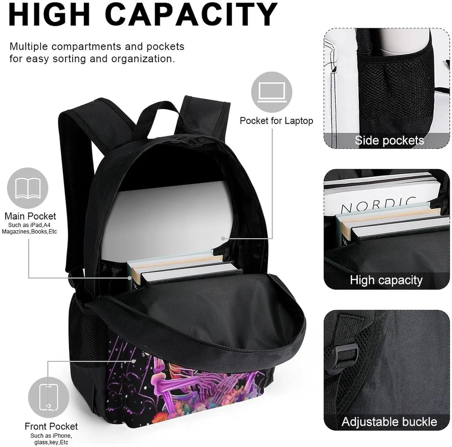 Supdreamc Shoulder Book Bags Sets, Rucksack   Lunch Bag   Pencil Case for Hiking Travel Cycling, Psychedelic Skull Love Kiss Art Camping Outdoor Backpack for Adults