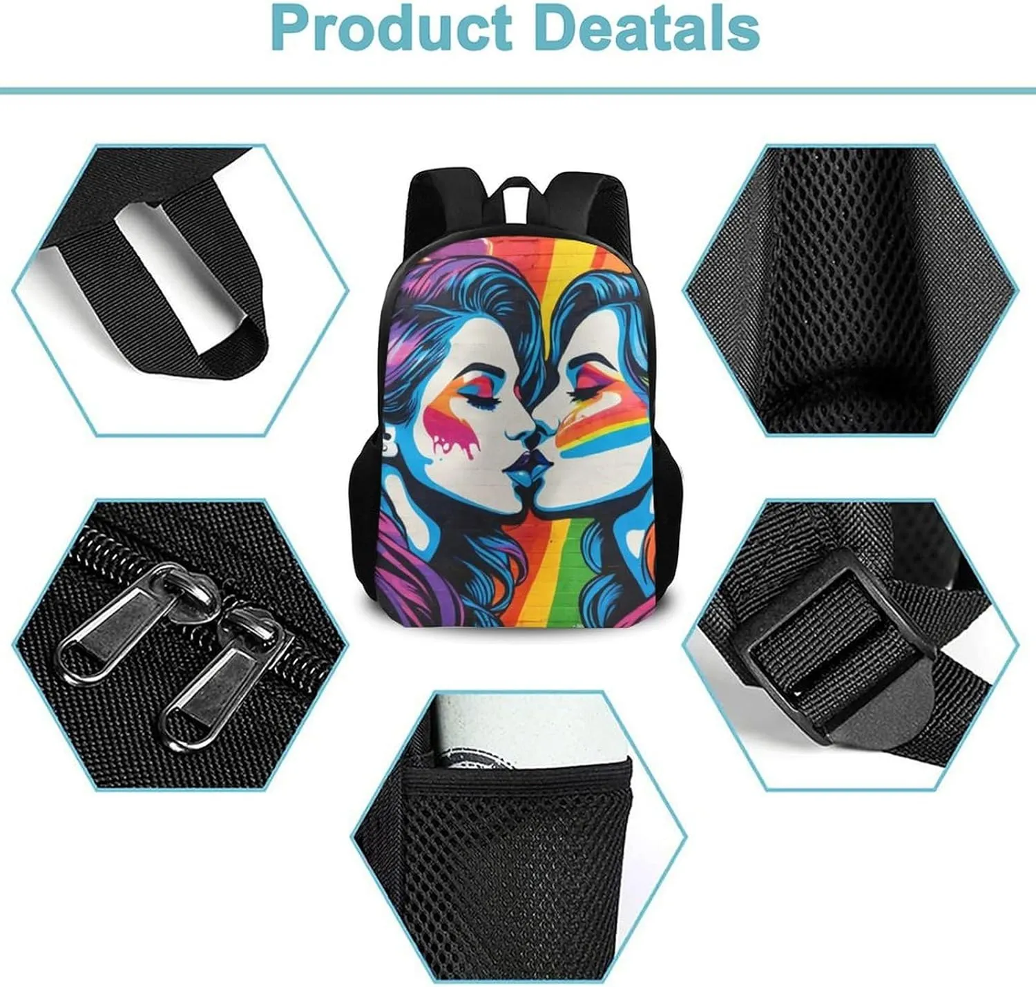 SWEET TANG Novelty Backpack with Mesh Pockets Multifunction College Laptop Rucksack Daypack for Men Women, Large Capacity Backpack Compatible with Lesbian Lgbtq Women Pride Love Rainbow