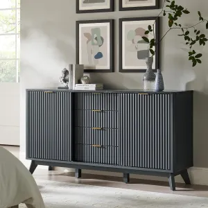 T4TREAM 60" Fluted Dresser with Sliding Doors and 4 Drawers, Modern Chest w/Faux Marble Top, Curved Profile Design, Dresser TV Stand, Wood Drawer Organizer for Bedroom, Living Room, Dark Grey