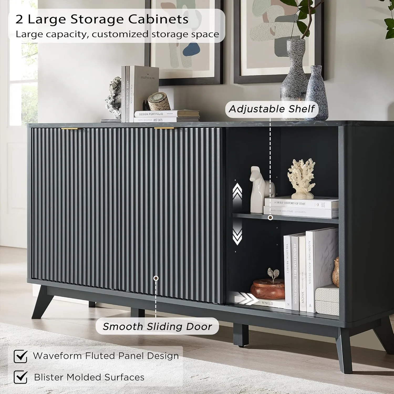 T4TREAM 60" Fluted Dresser with Sliding Doors and 4 Drawers, Modern Chest w/Faux Marble Top, Curved Profile Design, Dresser TV Stand, Wood Drawer Organizer for Bedroom, Living Room, Dark Grey