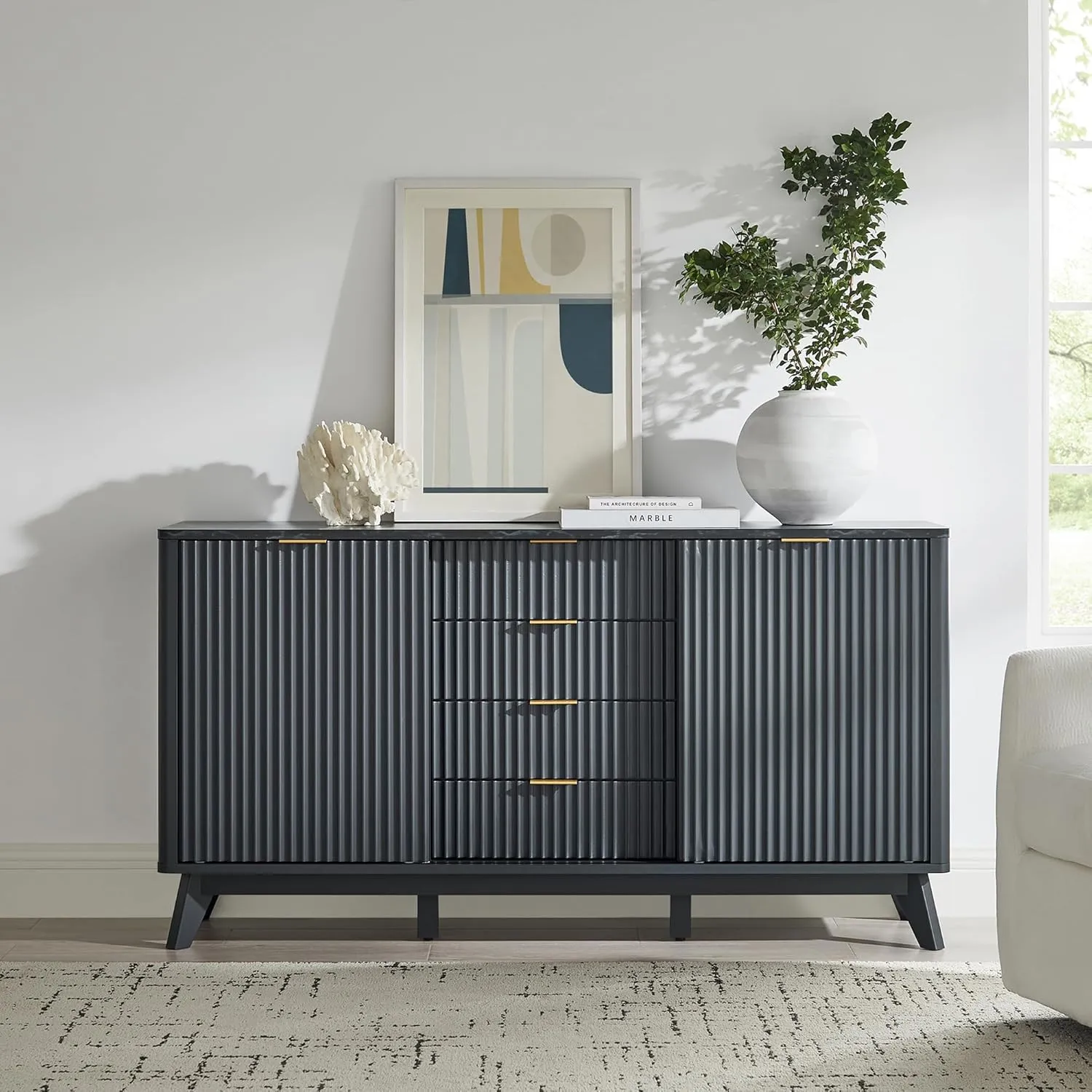 T4TREAM 60" Fluted Dresser with Sliding Doors and 4 Drawers, Modern Chest w/Faux Marble Top, Curved Profile Design, Dresser TV Stand, Wood Drawer Organizer for Bedroom, Living Room, Dark Grey