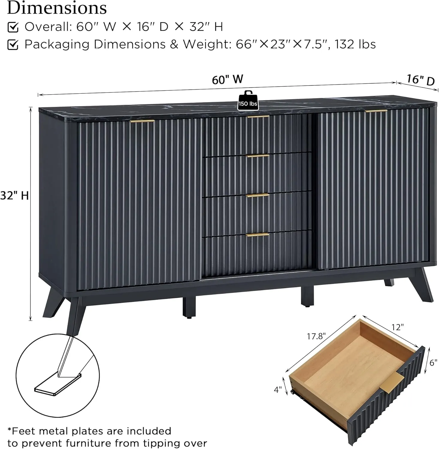 T4TREAM 60" Fluted Dresser with Sliding Doors and 4 Drawers, Modern Chest w/Faux Marble Top, Curved Profile Design, Dresser TV Stand, Wood Drawer Organizer for Bedroom, Living Room, Dark Grey