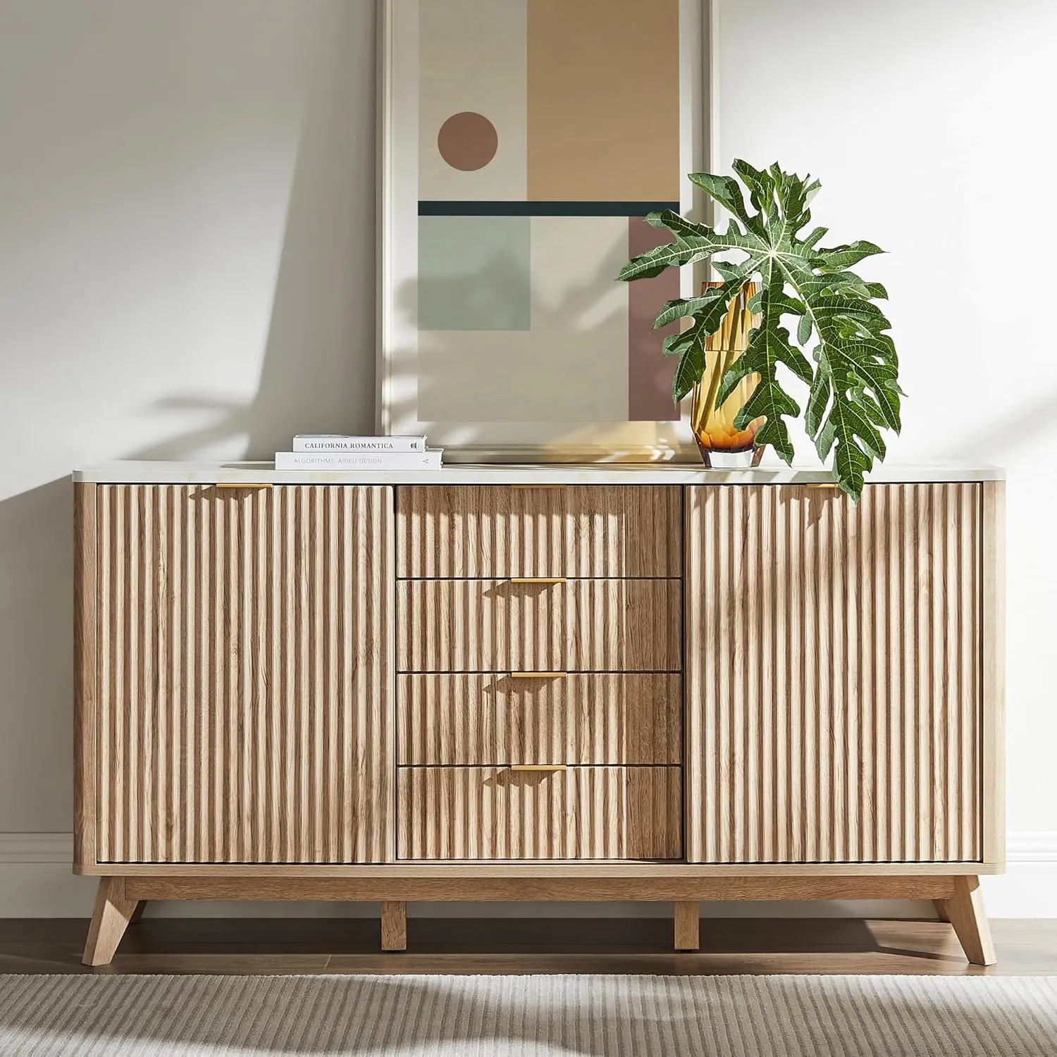 T4TREAM 60" Fluted Dresser with Sliding Doors and 4 Drawers, Modern Chest w/Faux Marble Top, Curved Profile Design, Dresser TV Stand, Wood Drawer Organizer for Bedroom, Living Room, Natural Oak