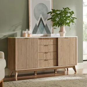 T4TREAM 60" Fluted Dresser with Sliding Doors and 4 Drawers, Modern Chest w/Faux Marble Top, Curved Profile Design, Dresser TV Stand, Wood Drawer Organizer for Bedroom, Living Room, Natural Oak