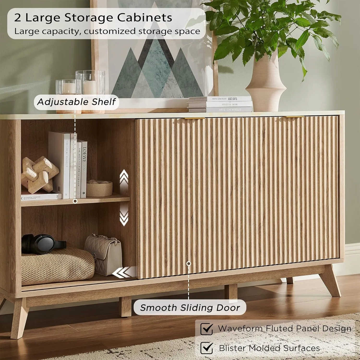 T4TREAM 60" Fluted Dresser with Sliding Doors and 4 Drawers, Modern Chest w/Faux Marble Top, Curved Profile Design, Dresser TV Stand, Wood Drawer Organizer for Bedroom, Living Room, Natural Oak