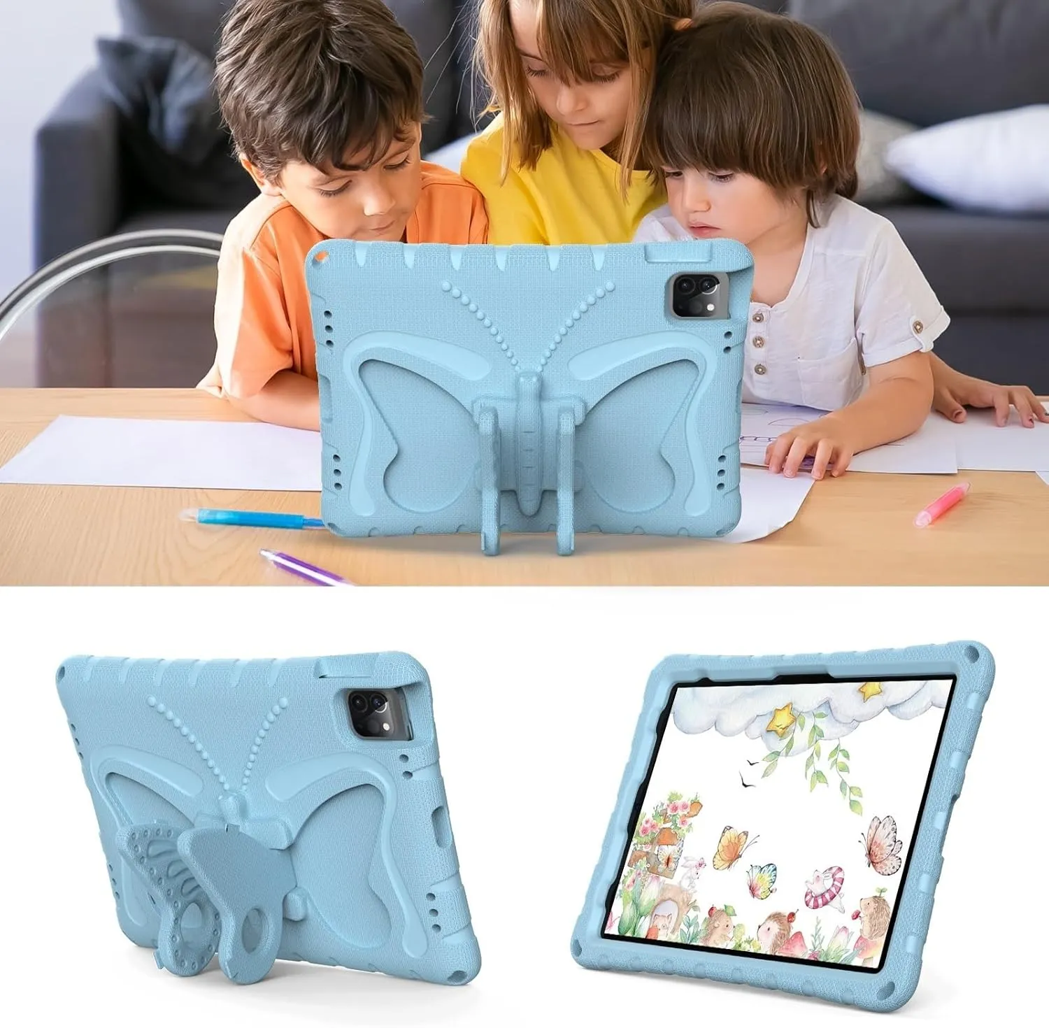 Tablet PC Bags Cases Sleeves Compatible with iPad Air 11inch (M3 2025 7th/M2 2024 6th) Case,Lightweight EVA Kid Friendly Shockproof Protective Case,Shoulder Strap Case Butterfly Kids Case(Light blue)