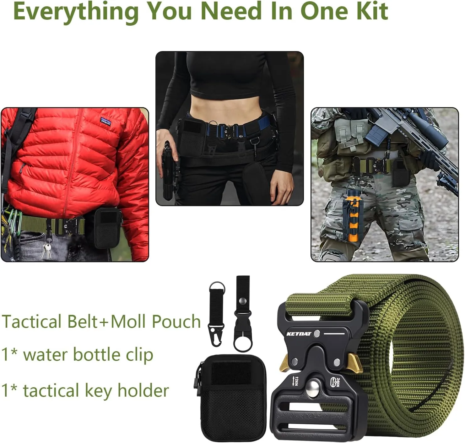 Tactical Belt, Military Belts For Men, Nickel Free Belt Men with Molle Pouch, Tactical Key Holder & Water Bottle Clip